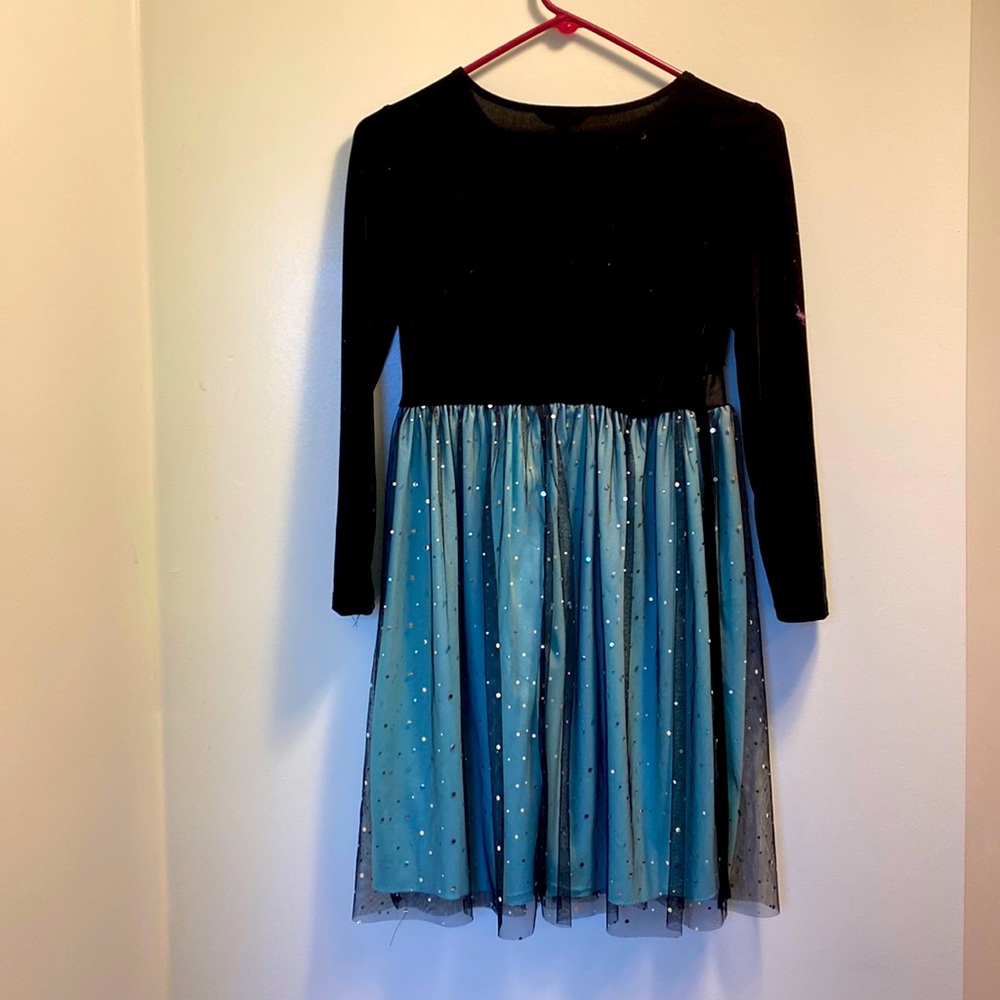 Teal and black long sleeve velvet dress